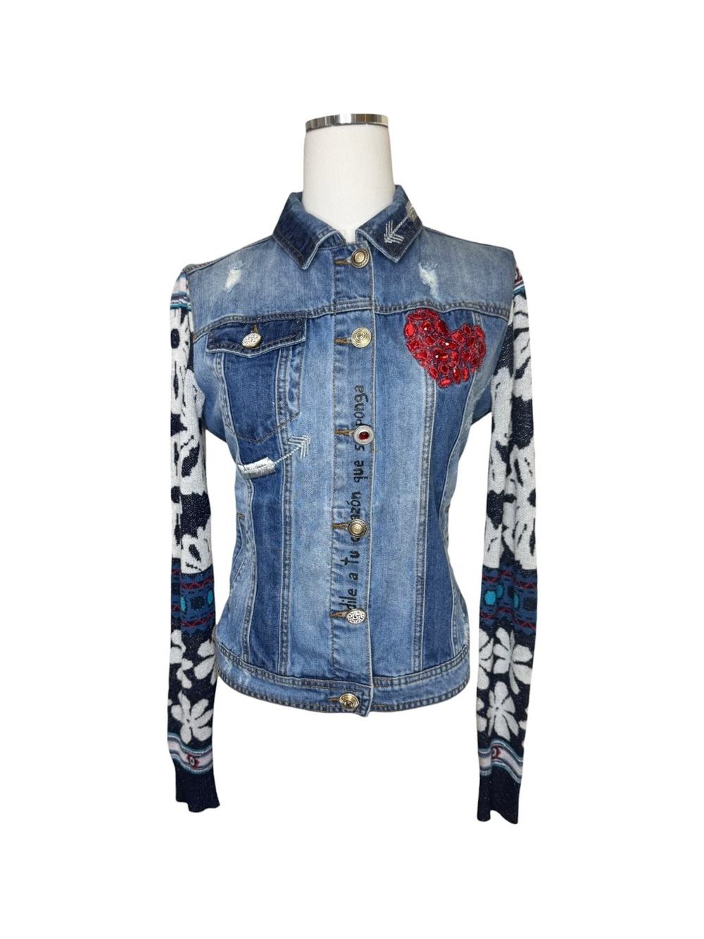 Desigual Denim Jacket with Floral Knit Sleeves + Red Heart Patch Size Medium